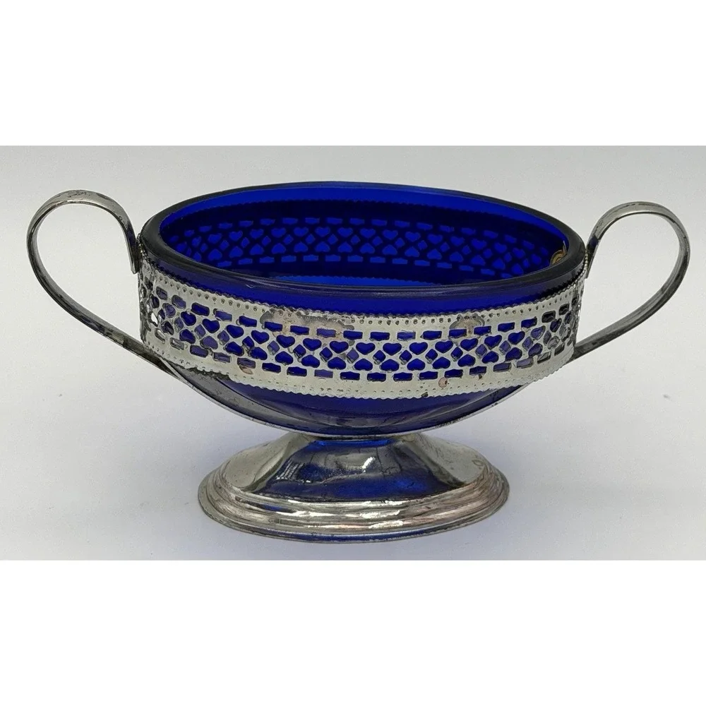 Sugar Bowl England Cobalt Blue Glass w/ Metal Holder Handles New w/ Wear